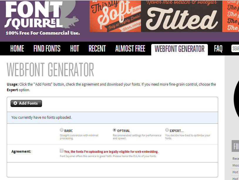 Screenshot of the FontSquirrel Web Font Genarator.