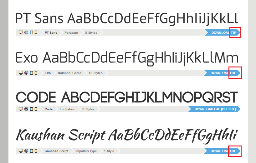 Screenshot of some free fonts available for download from FontSquirrel.