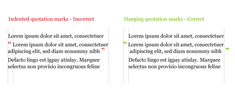 Example showing the before and after of hanging quotation marks of quotes.