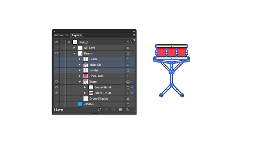 SVG layers with all of the snare drum selected