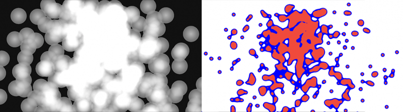 Rendering multiple 2D quads and turning them to metaballs with post-processing.