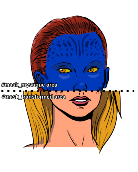 An image of a half transformed mystique. From the middle to the top, she's in her blue form, from the middle to the bottom, she's in her transformed, blonde form. There are labels indicating the position of the masks, mask_mystique_area at the top and mask_transformed_area at the bottom.