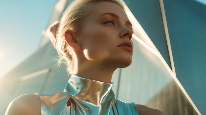 minimal urban fashion editorial, close-up portrait, aquamarine elements, edgy, futurism, low angle, sun and shadow, golden hour
