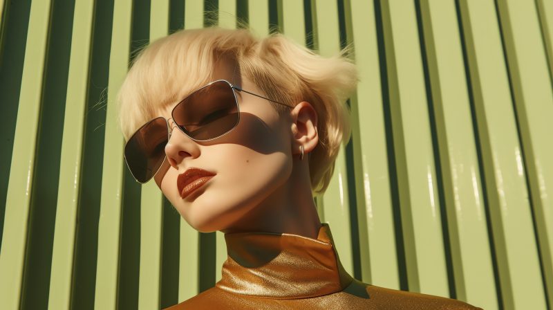 minimal urban fashion editorial, close-up portrait, green elements, edgy, futurism, low angle, sun and shadow, golden hour