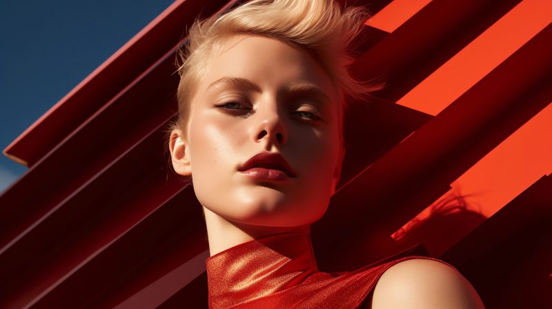 minimal urban fashion editorial, close-up portrait, red elements, edgy, futurism, low angle, sun and shadow, golden hour
