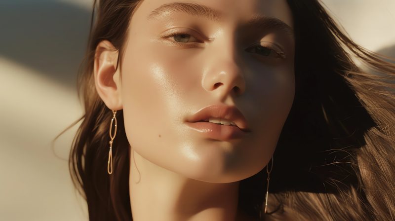 editorial featuring a model with brown hair, modern minimal jewelry, light bronze, beautiful glowing skin, sunlight, shadows, pastel, close-up