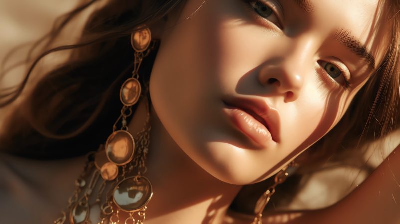 editorial featuring a model with brown hair, modern jewelry, muted earth tones, light bronze, beautiful glowing skin, close-up