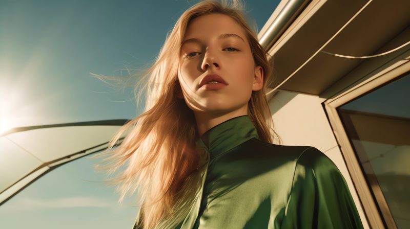 professional high-end photography, close-up portrait, minimal urban fashion editorial, green elements, low angle, Hasselblad H6D-100c, sun and shadow, golden hour