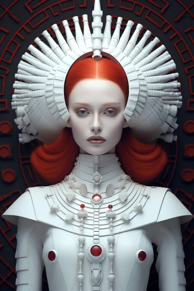 model, haute couture, white, intricate details, futuristic outfit, extraordinary makeup, red lips, red hair, gorgeous, weird, serious, 4k