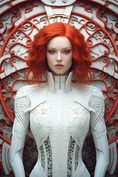 actress, relaxed pose, haute couture, white, intricate details, filagree, futuristic outfit, extraordinary makeup, red lips, red hair, gorgeous, weird, serious, 4k
