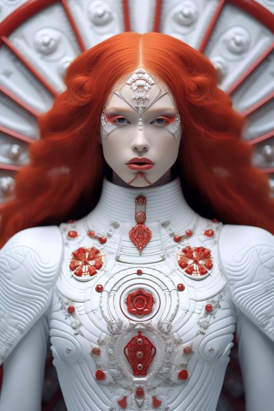 model, haute couture, white, intricate details, futuristic outfit, extraordinary makeup, red lips, red hair, gorgeous, weird, serious, 4k