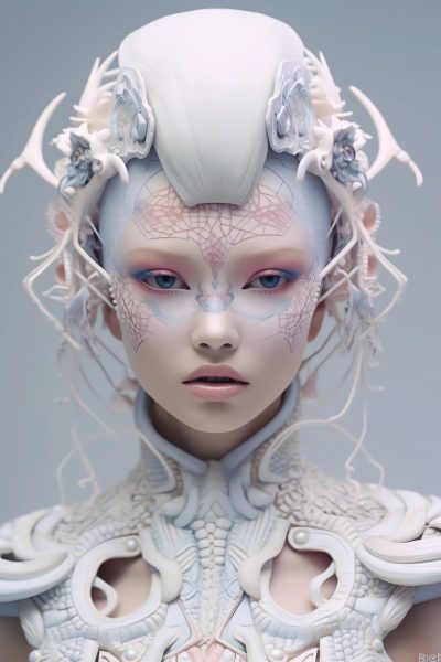 model, haute couture, white, intricate details, pastel colors, futuristic outfit, extraordinary makeup, japanese porcelaine doll, gorgeous, weird, serious, 4k
