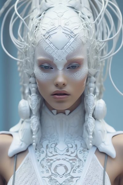 model, haute couture, white, intricate details, pastel colors, futuristic outfit, extravanganza, gorgeous, weird, interesting face, serious, 4k