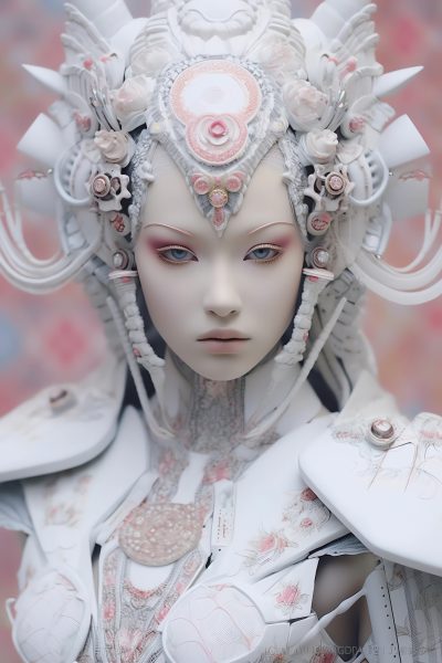 model, haute couture, white, intricate details, pastel colors, futuristic outfit, extraordinary makeup, japanese porcelaine doll, gorgeous, weird, serious, 4k