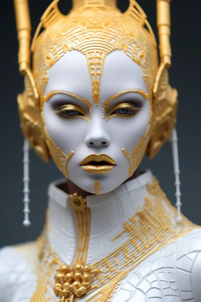 model, haute couture, white, intricate details, futuristic outfit, extraordinary makeup, yellow lips, gorgeous, weird, serious, 4k