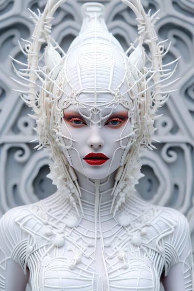 model, haute couture, white, intricate details, futuristic outfit, extraordinary makeup, red lips, gorgeous, weird, serious, 4k