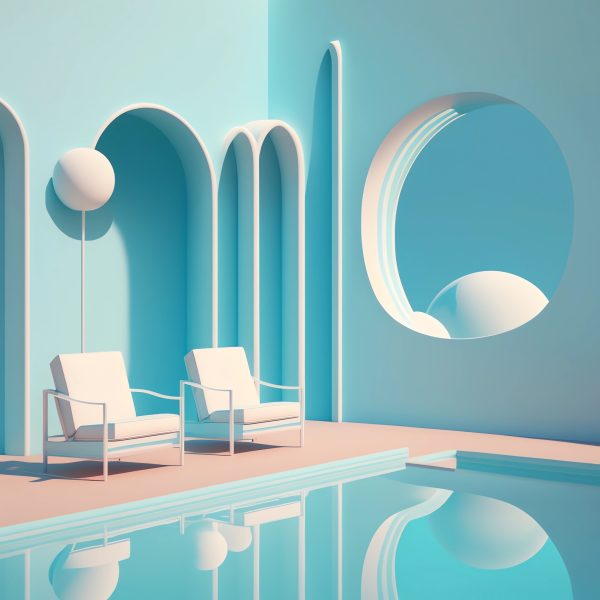 a beautiful pool area, lounge chairs, a 3D render, minimal, inspired by Ricardo Bofill, retrofuturism, light blue colors, high res render