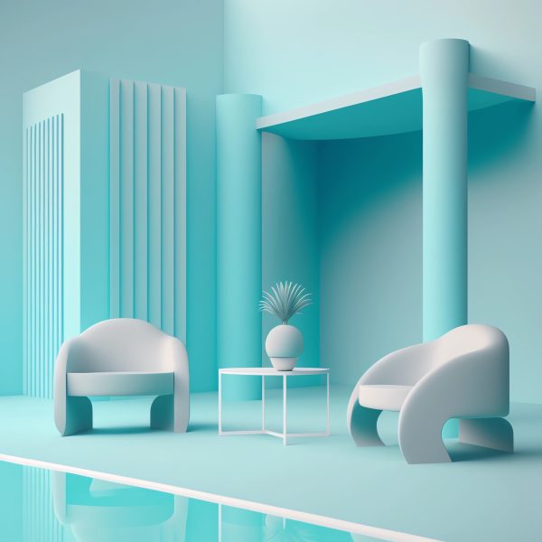 a beautiful pool area, lounge chairs, a 3D render, minimal, inspired by Ricardo Bofill, retrofuturism, light blue colors, high res render
