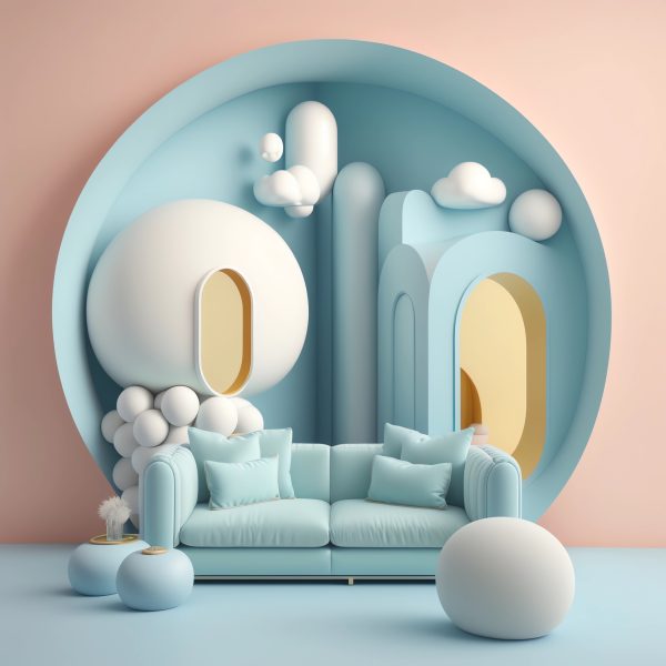a fluffy lounge area, a 3D render, minimal, inspired by Ricardo Bofill, retrofuturism, light blue colors, high res render