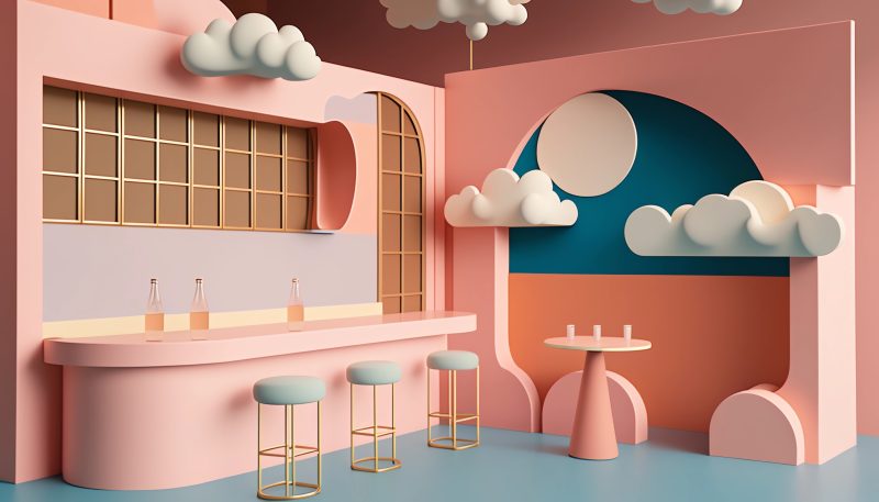 a bar in the clouds, a 3D render, minimal, inspired by Ricardo Bofill, retrofuturism, bright pastel color, high res render