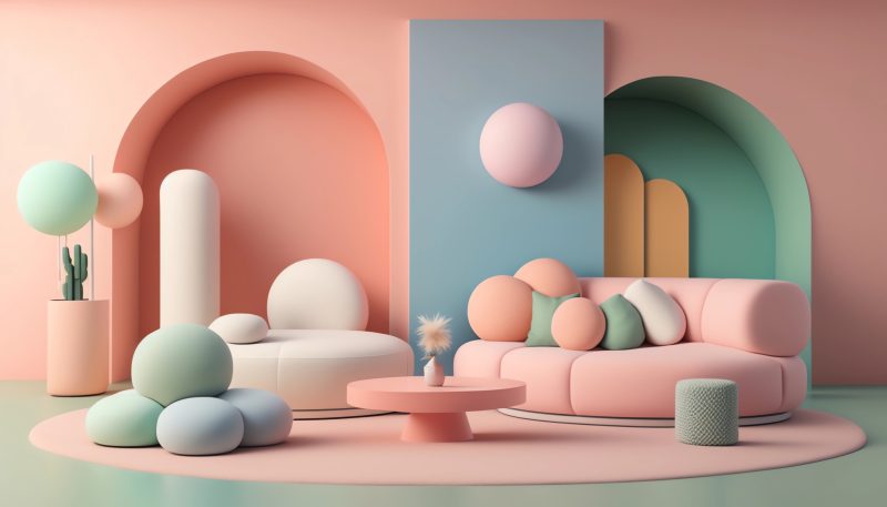 a fluffy lounge area, a 3D render, minimal, inspired by Ricardo Bofill, retrofuturism, bright pastel color, high res render