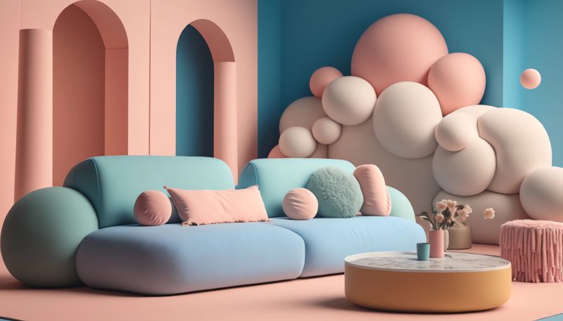 a fluffy lounge area, a 3D render, minimal, inspired by Ricardo Bofill, retrofuturism, bright pastel color, high res render