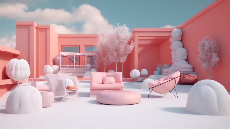 3D render, bright pastel colors, cinema 4d, afternoon hangout, random background scene, winter setting