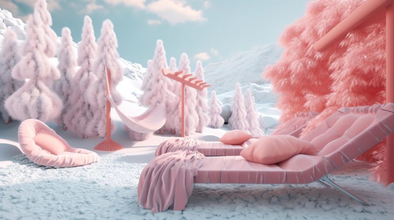 3D render, bright pastel colors, cinema 4d, afternoon hangout, random background scene, winter setting