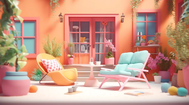 3D render, bright pastel colors, cinema 4d, afternoon hangout, random background scene, summer setting