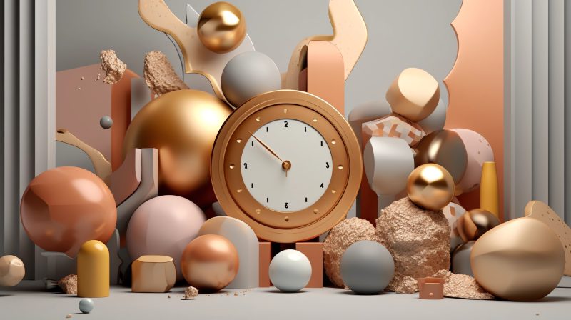 a composition of interesting 3D shapes, gold and clay, pastel color theme, C4D, studio lighting, oc rendering