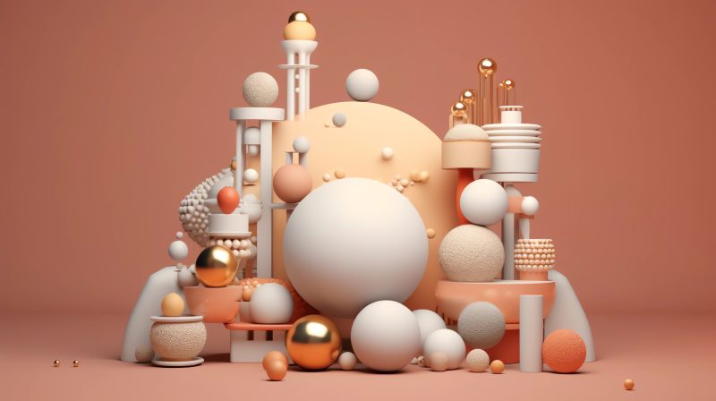 a composition of interesting 3D shapes, gold and clay, pastel color theme, C4D, studio lighting, oc rendering