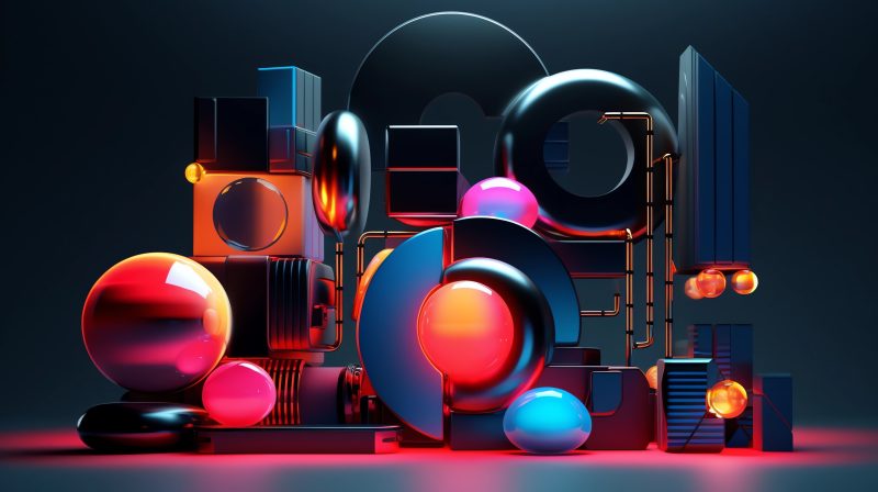 a composition of interesting 3D shapes, metal and paint, neon and black colors, C4D, studio lighting, oc rendering