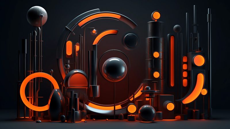 a composition of interesting 3D shapes, metal and paint, neon and black colors, C4D, studio lighting, oc rendering