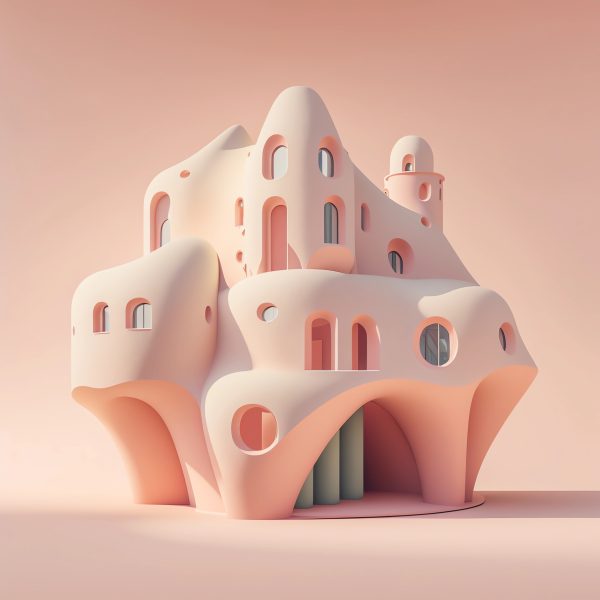 3D render of a fluffy building, Antoni Gaudí, minimal, inspired by Ricardo Bofill, retrofuturism, pastel colors, high res render