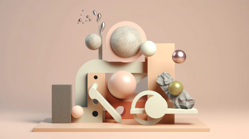 a composition of interesting 3D shapes, metal and paint, pastel color theme, C4D, studio lighting, oc rendering