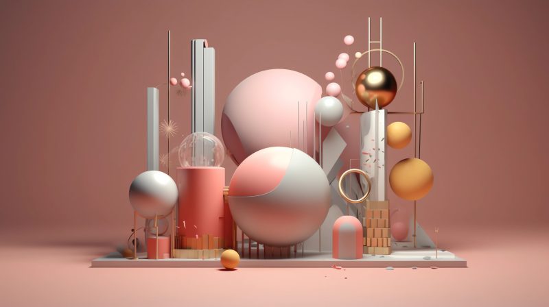 a composition of interesting 3D shapes, metal and paint, pastel color theme, C4D, studio lighting, oc rendering
