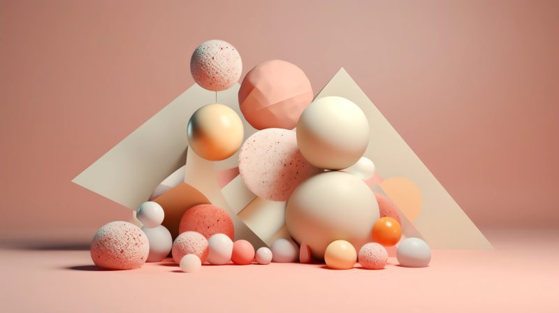 a composition of interesting 3D shapes, pearl color, pastel color theme, C4D, studio lighting, oc rendering