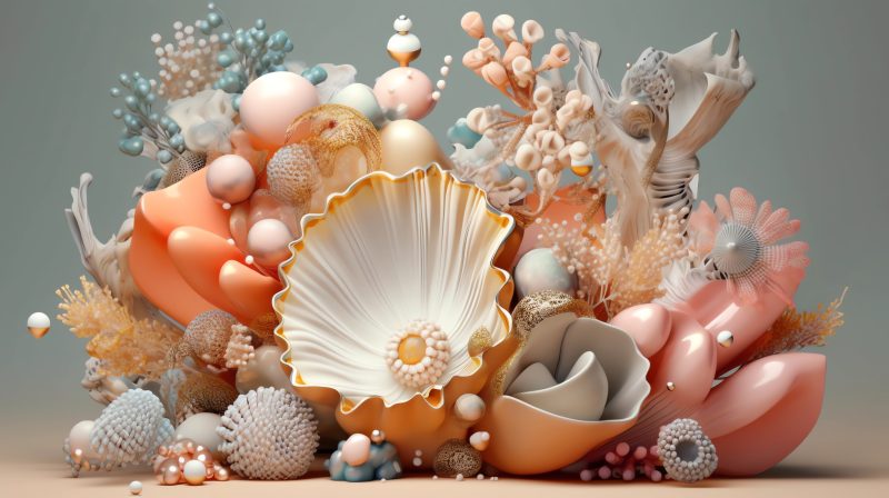 a composition of interesting 3D shapes, pearls, gold, shells, corals, pastel color theme, C4D, studio lighting, oc rendering