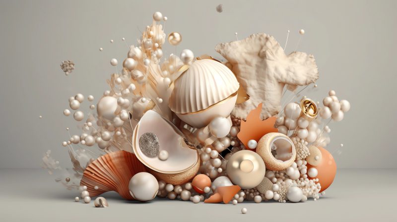 a minimal composition of interesting 3D shapes, pearls, gold, shells, corals, white color theme, C4D, studio lighting, oc rendering