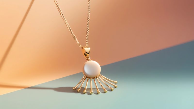 a golden necklace, editorial, rays of sunlight, pastel colors, professional photography, minimal background