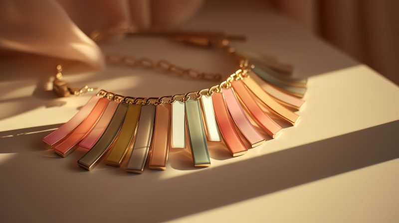 a golden necklace, minimal, editorial, rays of sunlight, pastel colors, professional photography, minimal background