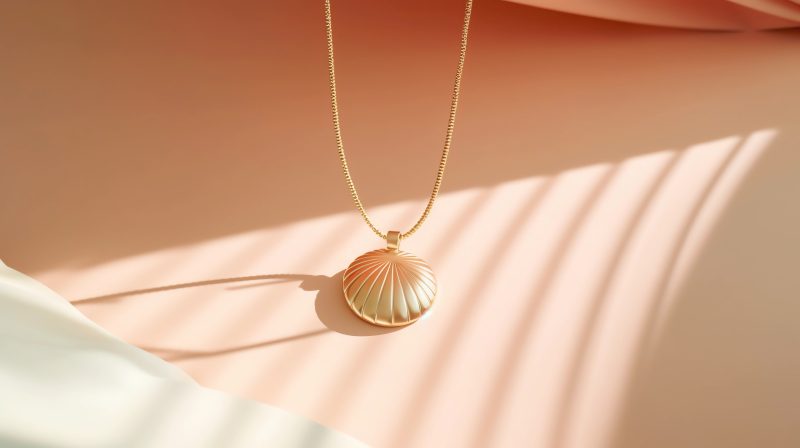 a golden necklace, minimal, editorial, rays of sunlight, pastel colors, professional photography, minimal background