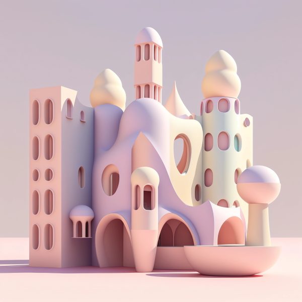 3D render of a fluffy building, Antoni Gaudí, minimal, inspired by Ricardo Bofill, retrofuturism, pastel colors, high res render