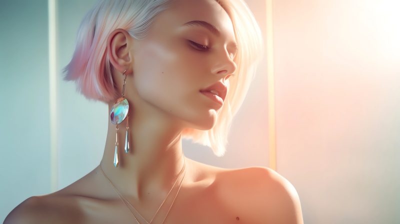 fashion jewellry, editorial, rays of sunlight, pastel colors, professional photography, minimal background