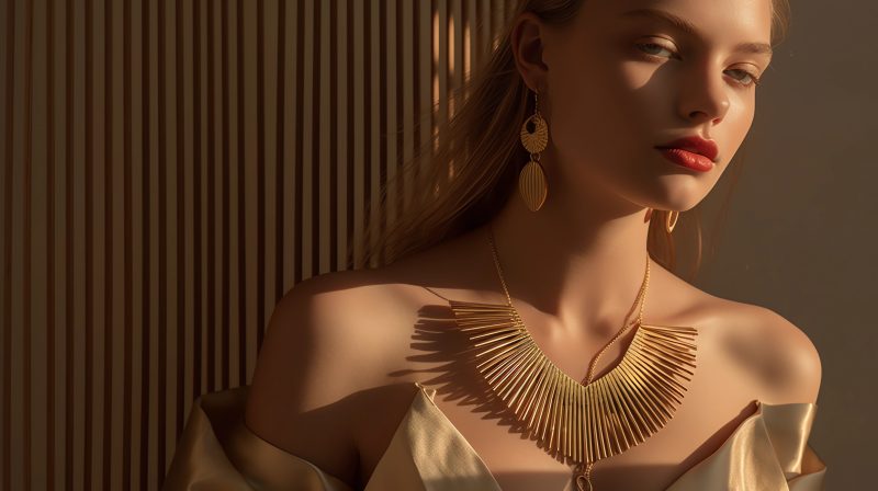 fashion jewellry, model, editorial, rays of sunlight, golden hour, professional photography, minimal background