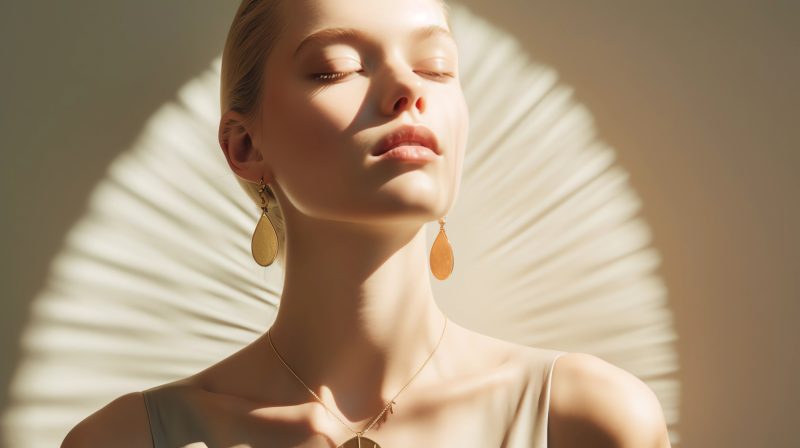 model with fashion jewellry, for jewellry brand, editorial, rays of sunlight, professional photography, minimal background