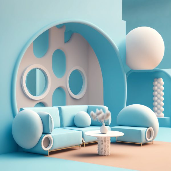 a fluffy lounge area, a 3D render, minimal, inspired by Ricardo Bofill, retrofuturism, light blue colors, high res render