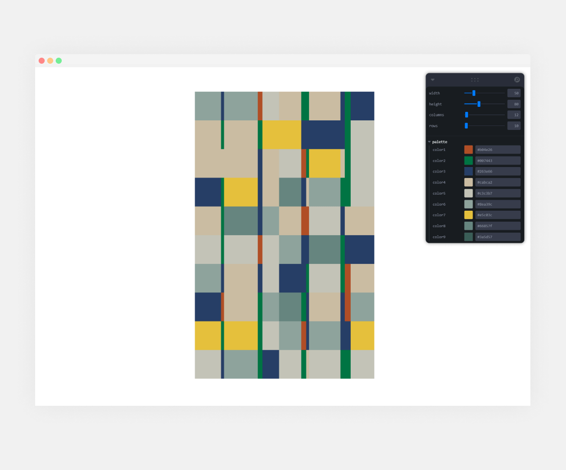 generative artwork created in this tutorial with color variety and controls to adjust the width and height of the canvas and the palette of colors.