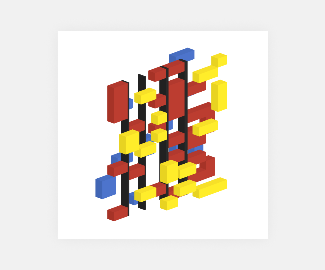 example of an generative artwork using the system created. It recreates an artwork of De Stijl art movement, but with a 3D view instead of 2D.