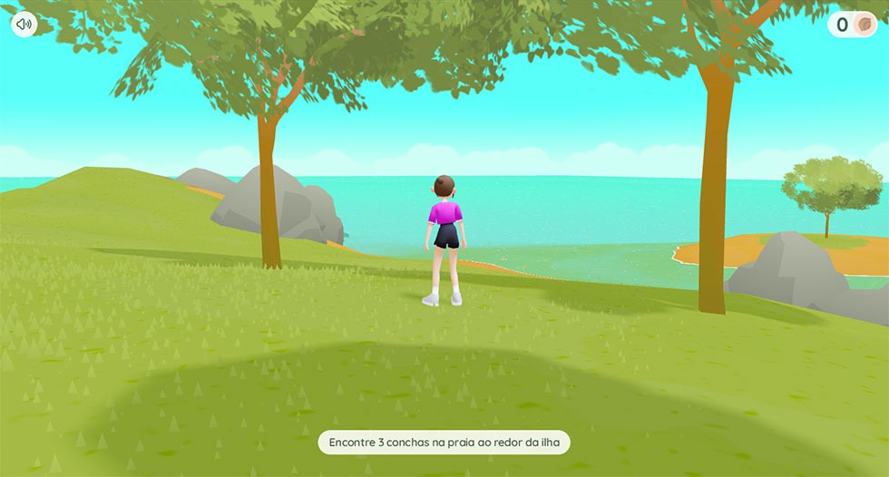 Screenshot of the game showing Maria, the main character, standing on a hill, surrounded by trees, looking at the sea.